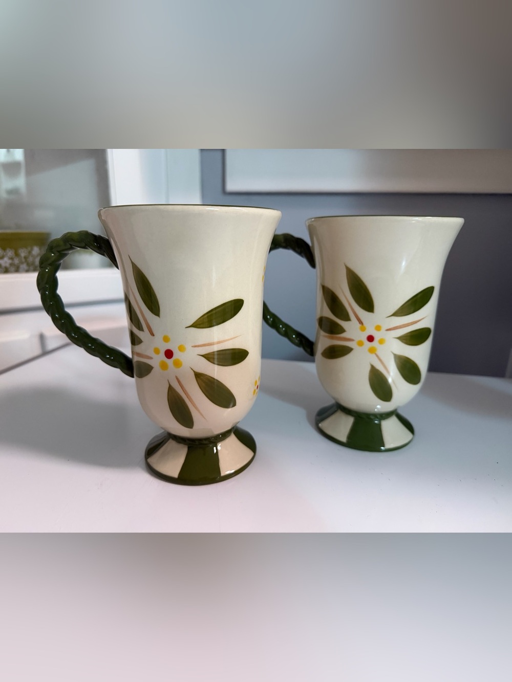 Temptations Old World Footed Floral Mugs Vivid Green